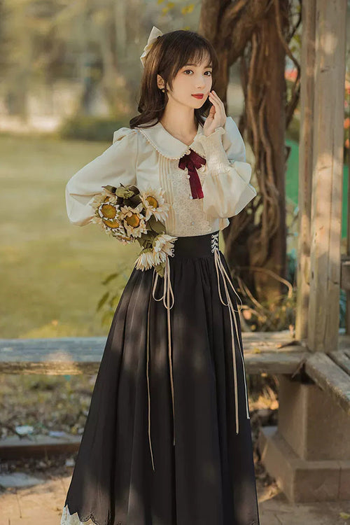 Black Lapel Collar Long Sleeves High Waisted Lace-Up Wave Hem Classic Lolita Two-Piece Skirt Set