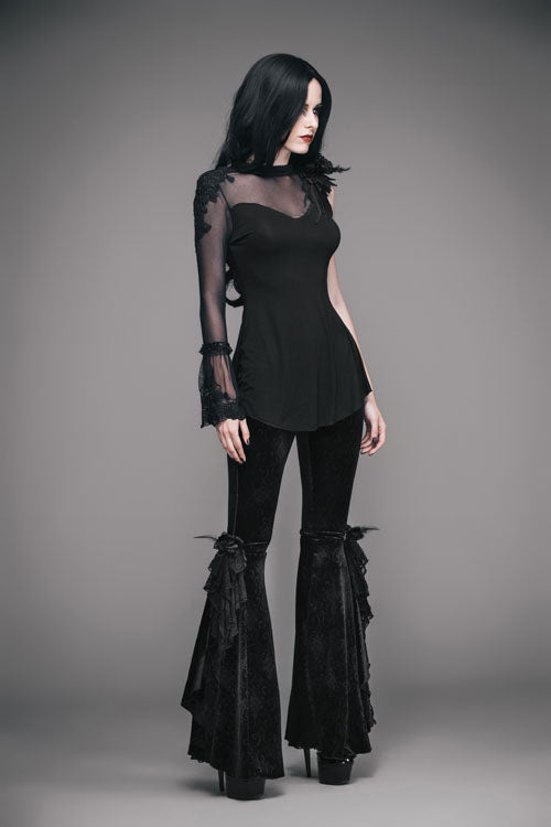 Black Gothic Lace Hem Embossed Velvet Flare Womens Pants
