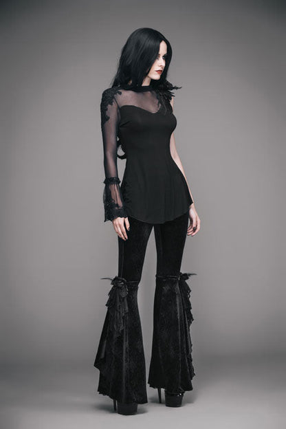 Black Gothic Lace Hem Embossed Velvet Flare Womens Pants