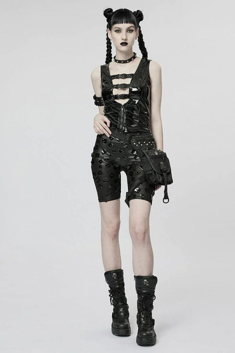 Black Patent Leather Hollow Slim Womens Steampunk Vest