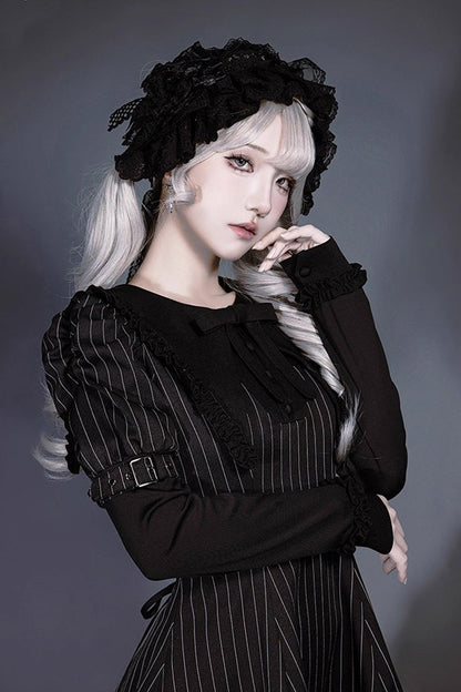 Black Long Sleeves Vertical Stripe Print Ruffle Bowknot Jirai Kei Japanese Witch Set