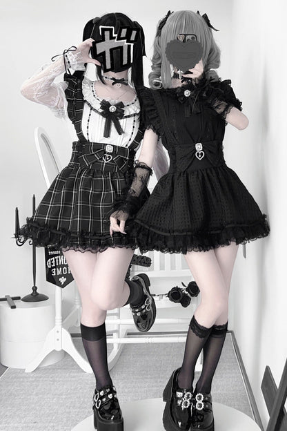 Black Plaid Print Ruffle Bowknot Lace Jirai Kei Japanese Skirt