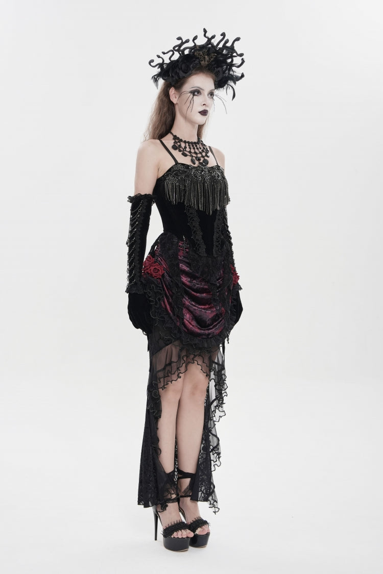 Black Lace-Up Women's Gothic Embroidered Tassels  Overbust Corset