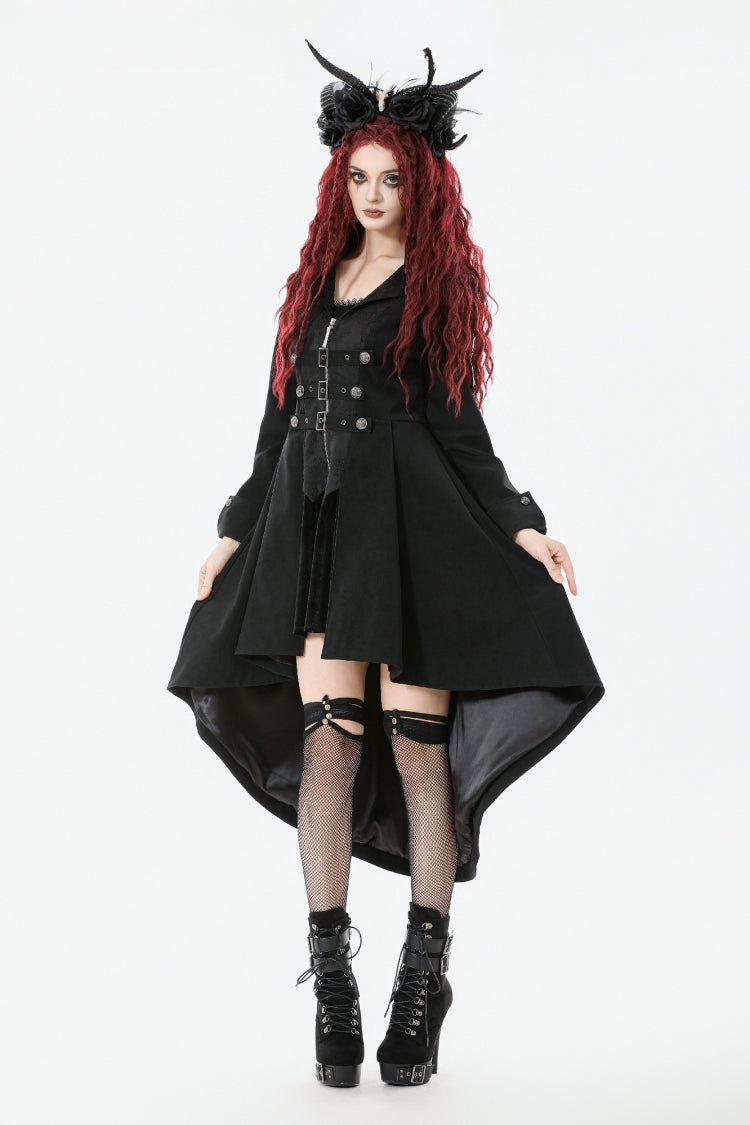 Black Lapel Collar Long Sleeves Lace-Up Irregular Bouble-breasted Buckle-up Women's Gothic Coat