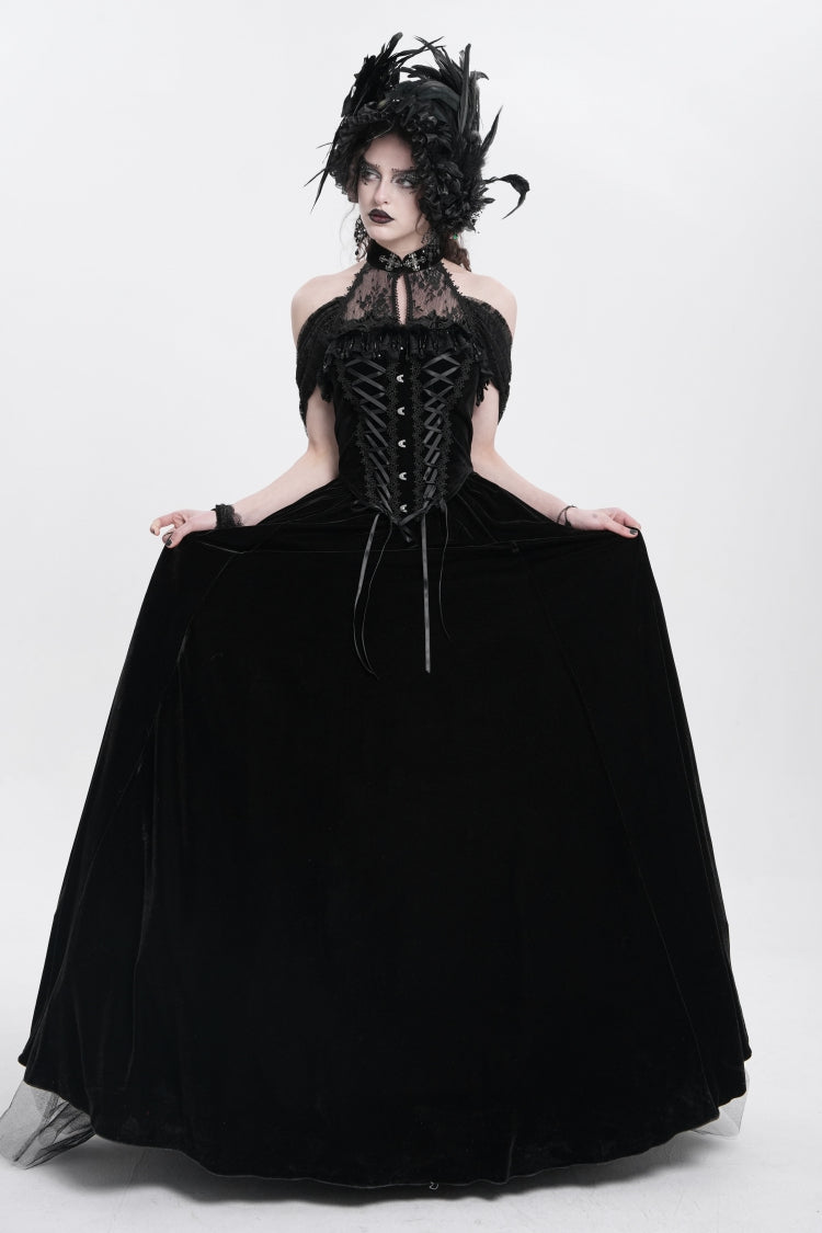 Black Off Shoulder Embroidery Lace Lace-Up Women's Gothic Gown Dress