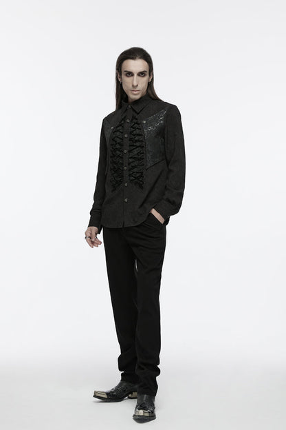 Black Lapel Collar Long Sleeves Jacquard Print Drawstring Lace-Up Men's Gothic Blouse