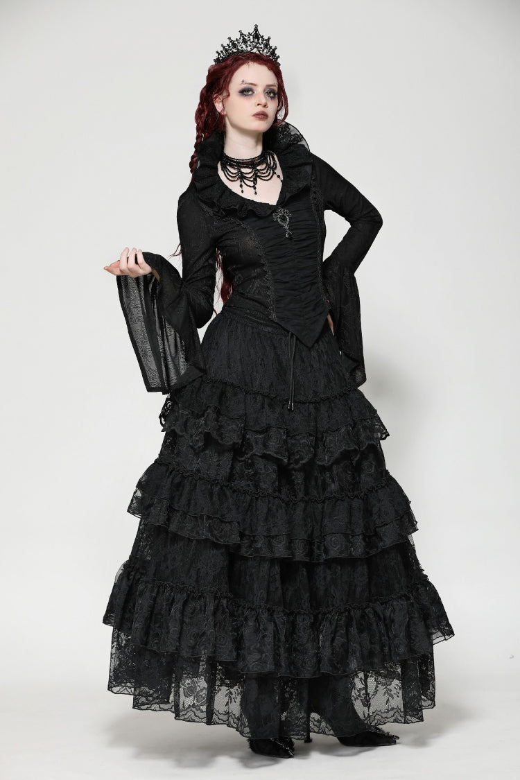 Black Lace Ruffled V Stand Collar Long Flared Sleeves Jacquard Women's Gothic Blouse