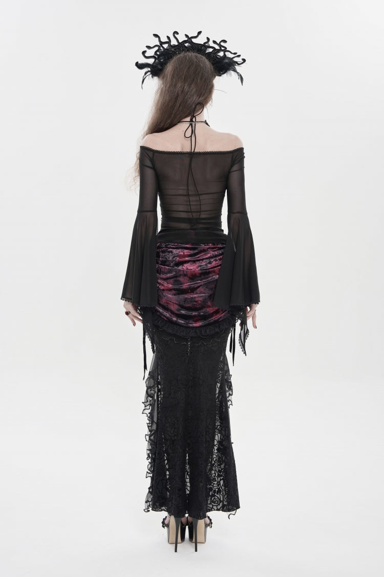 Black Off Shoulder Long Trumpet Sleeves Ruffled Embroidered Lace-Up Women's Gothic Blouse