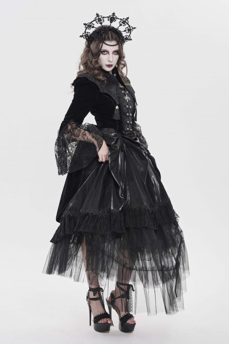 Black Long Trumpet Sleeves Embroidered Lace Slim Zippered Women's Gothic Bat Wing Collar Double-breasted Zip Jacket