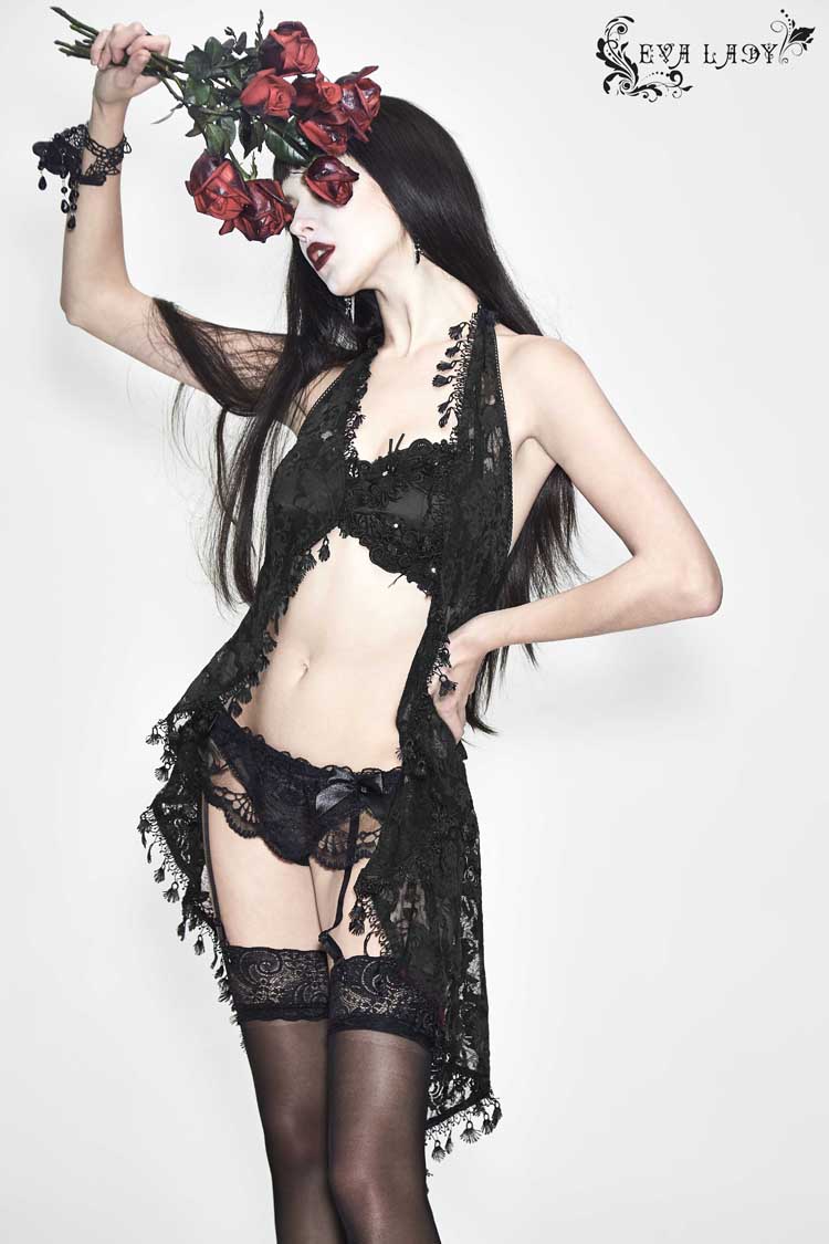 Black Frilly Tassel Hem Halter Lace Women's Gothic T-Shirt