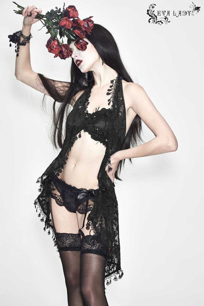 Black Frilly Tassel Hem Halter Lace Women's Gothic T-Shirt