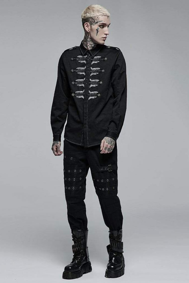 Black Lapel Collar Long Sleeves Skull Print Embroidery Mens Steampunk Blouse