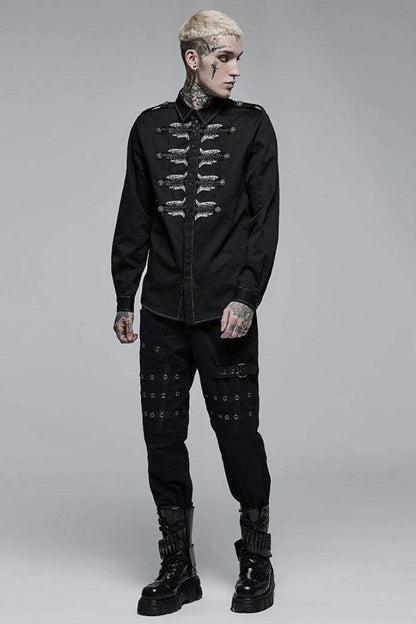 Black Lapel Collar Long Sleeves Skull Print Embroidery Mens Steampunk Blouse