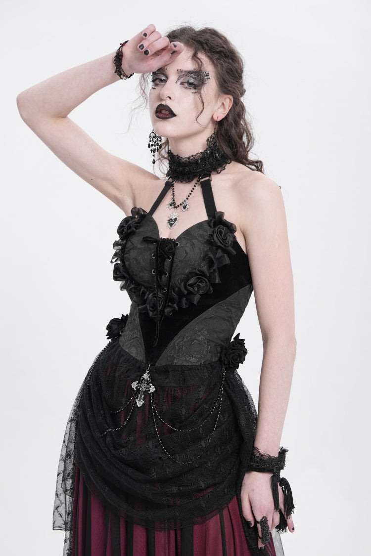 Black Halterneck Sleeveless Embroidery Stitching Rose Heart Lace Women's Gothic Blouse