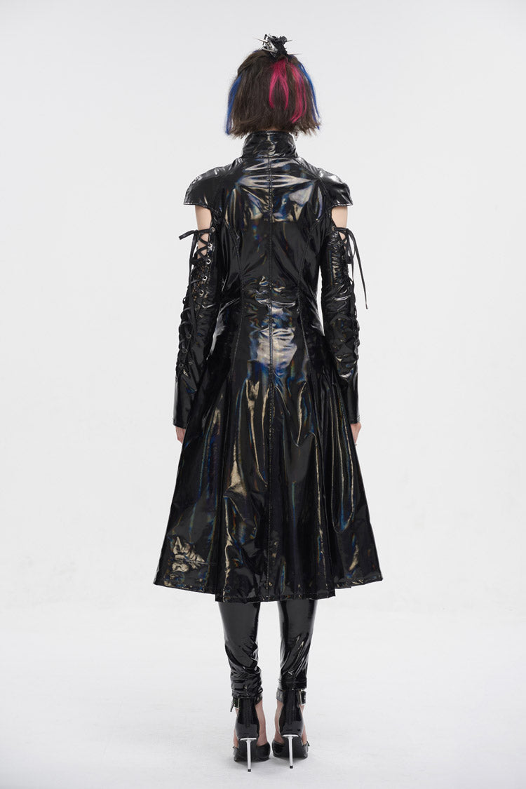 Black Lace Up Mesh Splice Patent Leather Long Women's Punk Coat