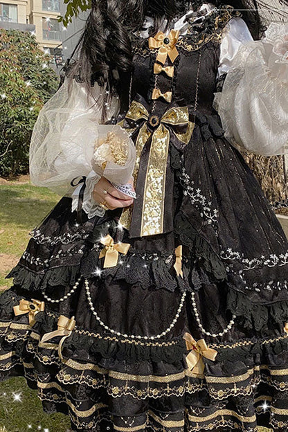 Black Hanayome Bowknot Princess Multi-Layer Ruffled Sweet Lolita JSK Dress