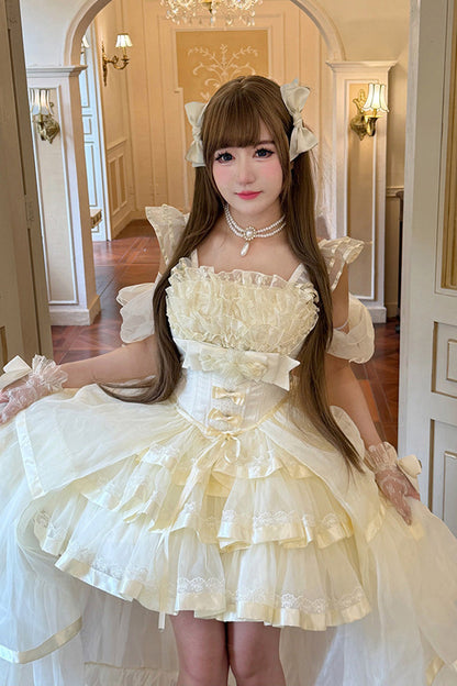 Beige [Mousse Love Song] Off Shoulder Sleeveless Triple-Layered Ruffled Hanayome Bow Sweet Elegant Ballet Lolita Short Dress Set