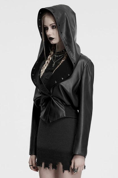 Black Long Sleeves Elastic Waist Faux Leather Hooded Women's Punk Jacket