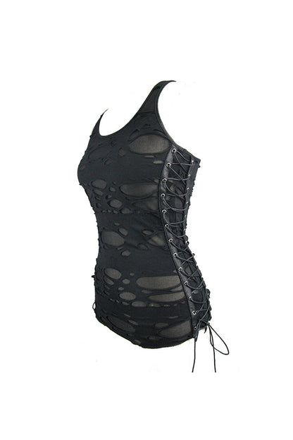 Black Broken Holes Side Lace Up Women's Punk Vest