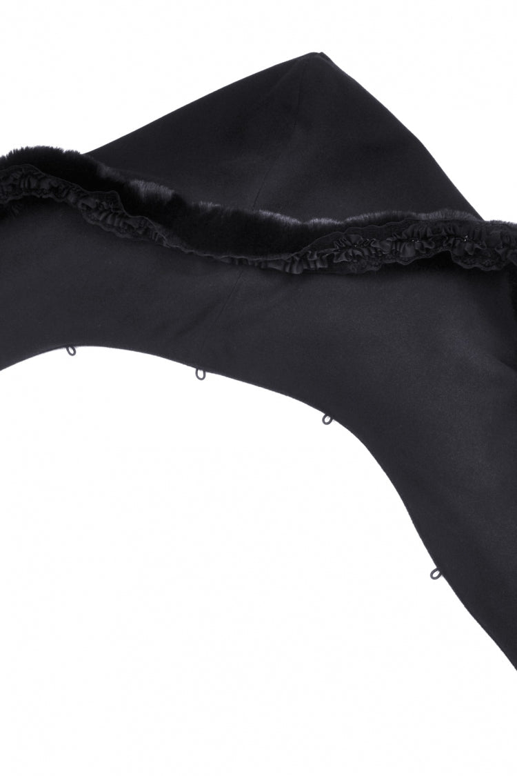 Black Lapel Collar Long Sleeves Women's Gothic High Low Woolen Dovetail Coat with Hood