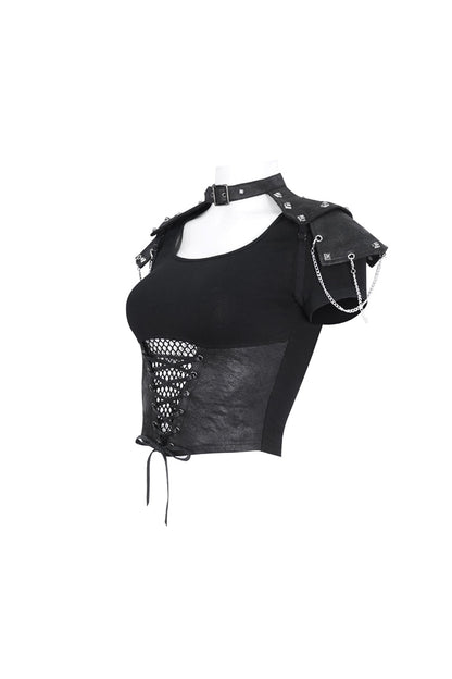 Black Cutout Mesh Short Sleeve Crop Womens Punk Top
