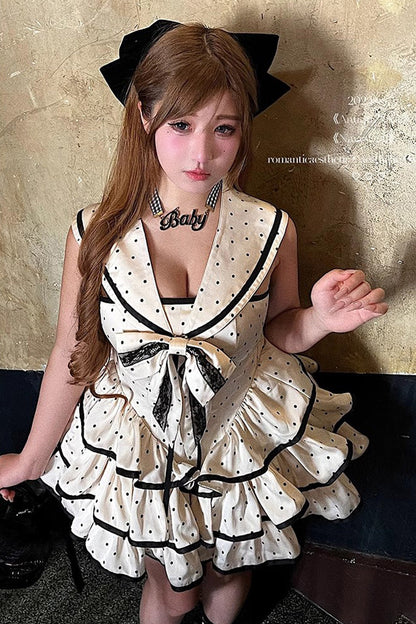 Apricot Multi-layer Polka Dots Print Navy Doll Ruffle Bowknot Sweet Lolita Tiered Dress