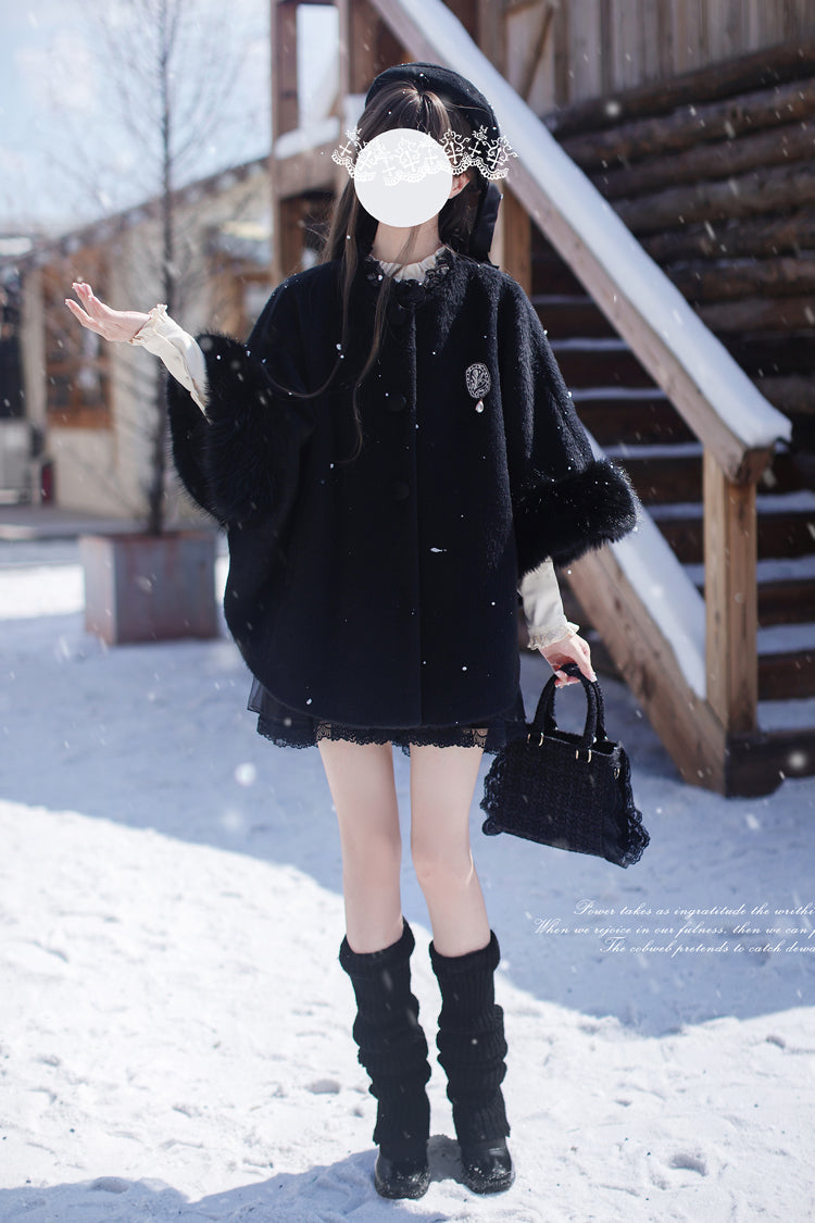 Black Long Sleeves Lace Gothic Japanese Lolita Fluffy Cloak Coat
