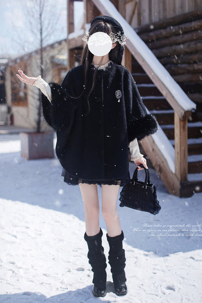 Black Long Sleeves Lace Gothic Japanese Lolita Fluffy Cloak Coat