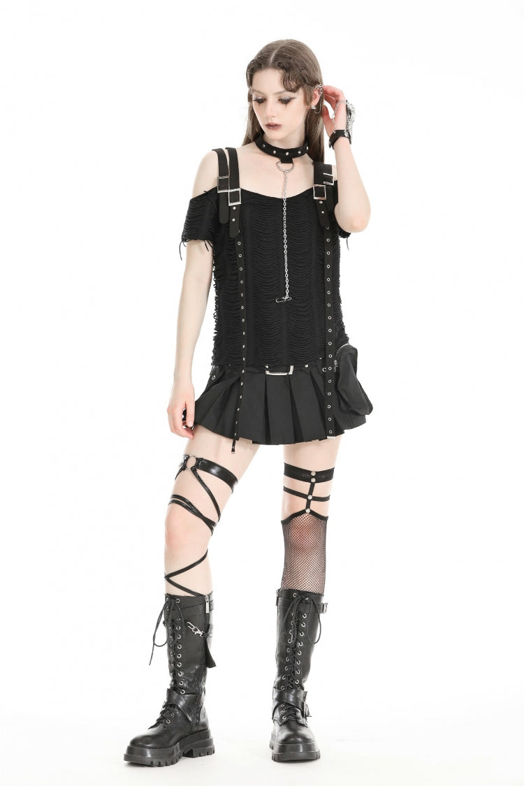 Black Off Shoulder Short Sleeves Ripped Buckled Women's Gothic T-Shirt with Detachable Choker