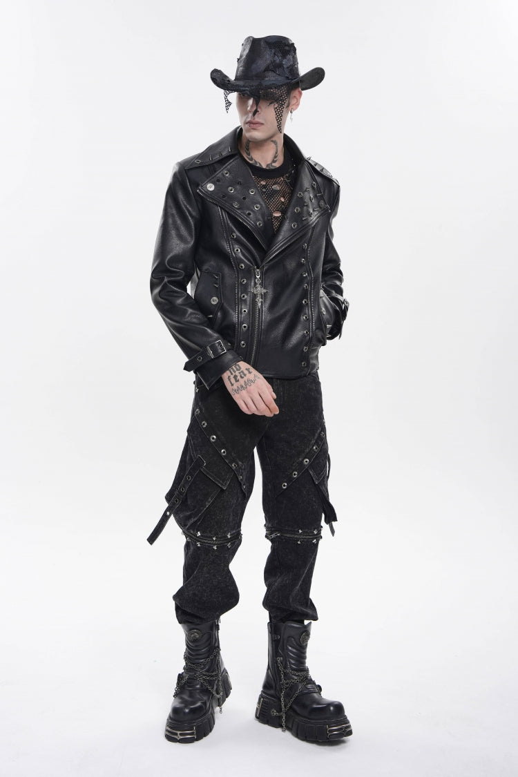 Black Lapel Collar Long Sleeves Studded Buckled Zippered Eyelet Women's Punk Jacket