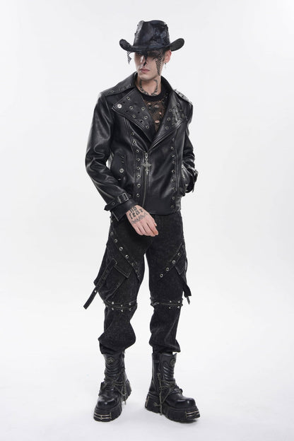 Black Lapel Collar Long Sleeves Studded Buckled Zippered Eyelet Women's Punk Jacket