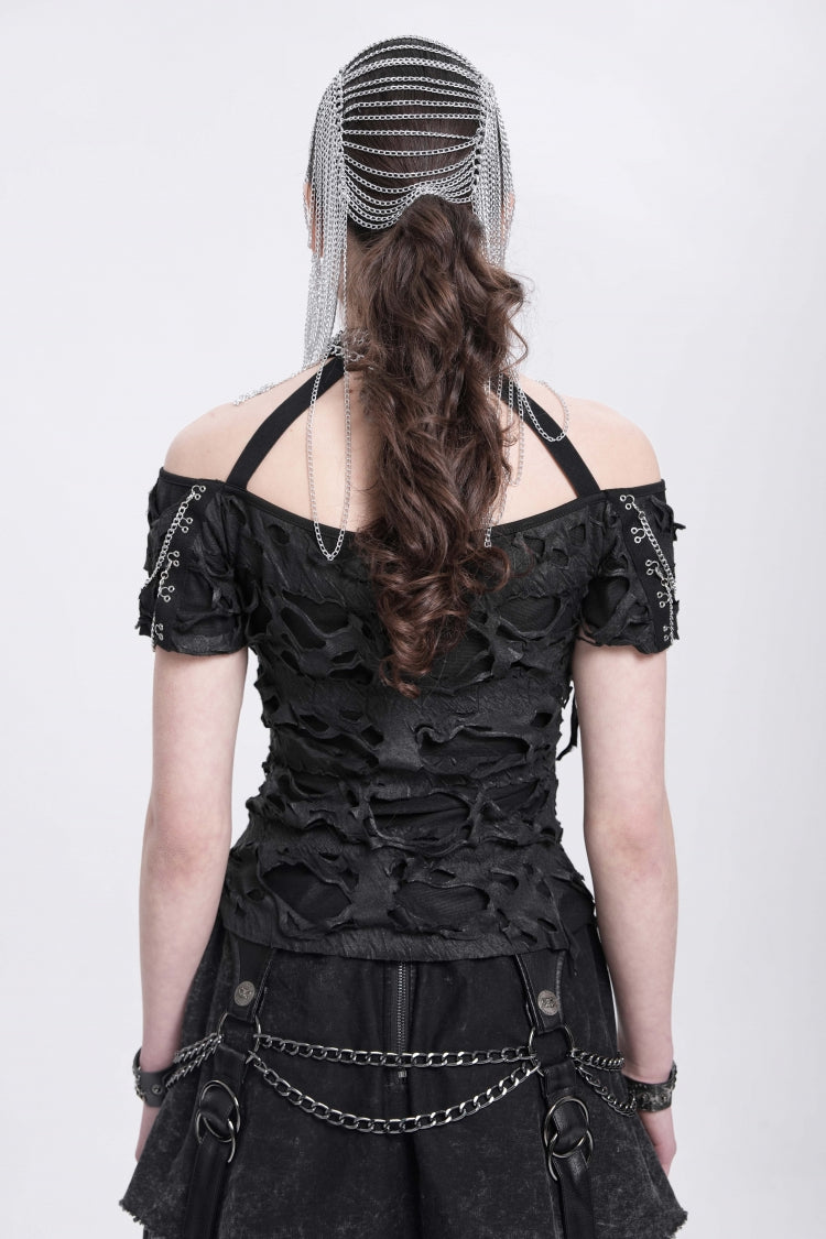 Black Off Shoulder Halterneck Ripped Women's Punk Blouse