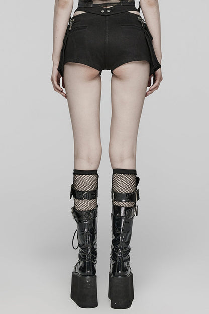 Black Pocket Rivet Buckle Women's Punk Shorts