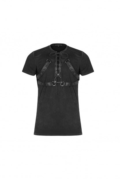 Black Lace-Up Zipper Men's Punk Blouse with Straps