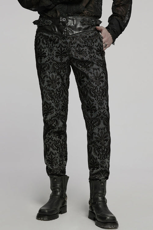 Black Print Floral Embroidery Buckle Men's Gothic Pants