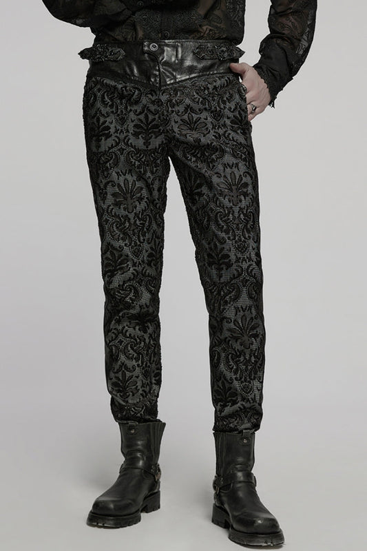 Black Print Floral Embroidery Buckle Men's Gothic Pants