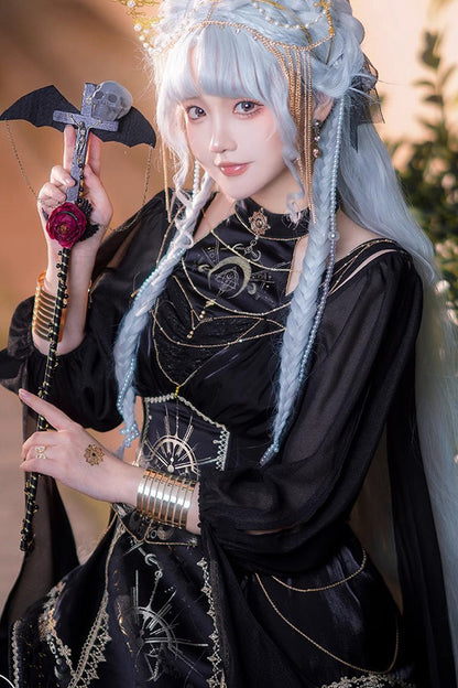 Black Nightmare of Horus Print Ruffle Hot Stamping Gothic Gorgeous Lolita Jsk Dress