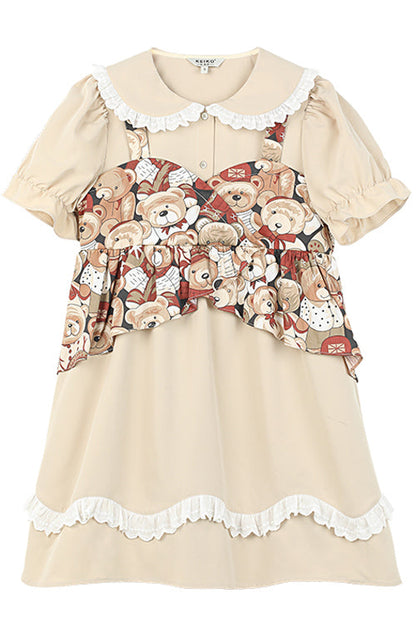 Beige Vintage Doll Collar Bear Print Fake Two Pieces Short Sleeves Sweet Lolita Dress