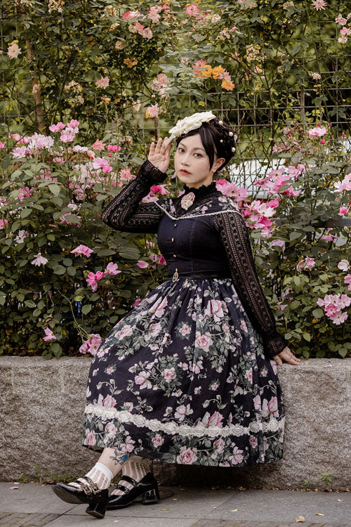 Black Elegant Vintage French Rose Floral Print V Collar Sleeveless Ruffled Classic Lolita JSK Dress