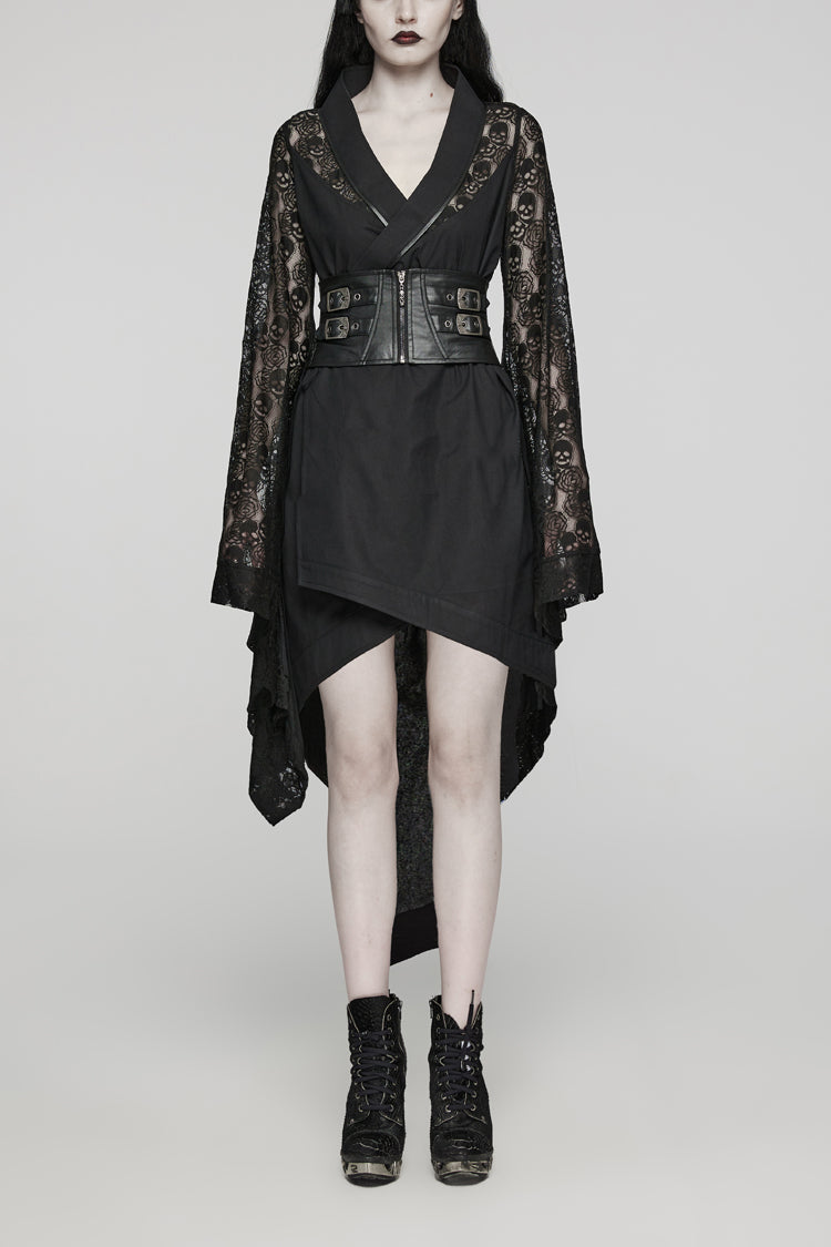 Black Irregular Hem Skull Print Hollow Stitching Womens Steampunk Kimono Dress