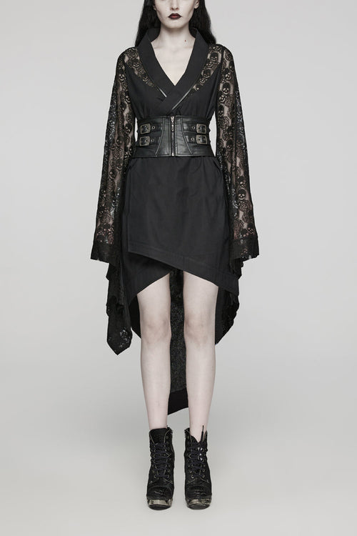 Black Irregular Hem Skull Print Hollow Stitching Womens Steampunk Kimono Dress
