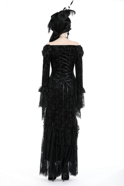 Black Off Shoulder Lace Long Trumpet Sleeves Lace-Up Women's Gothic Bodycon Dress