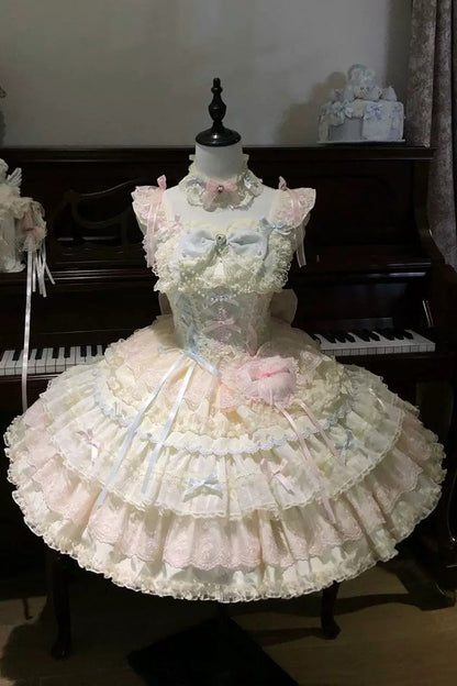 Apricot/Pink [Cloudwhale Dreamweaver] Square Collar Multi-Layered Ruffled Bow Lace Sweet Lolita Jsk Dress