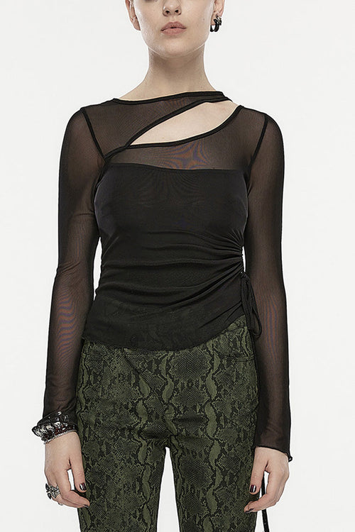 Black Long Sleeves Hollow Mesh Drawstring Women's Gothic T-Shirt