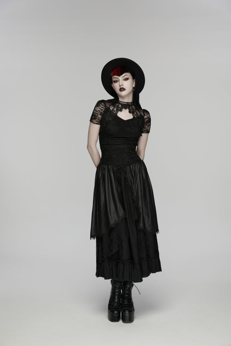 Black High Waisted Multi-Layered Floral Embroidered Lace Pleated Women's Gothic Elegant Cosplay Skirt