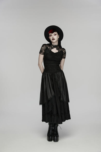 Black High Waisted Multi-Layered Floral Embroidered Lace Pleated Women's Gothic Elegant Cosplay Skirt