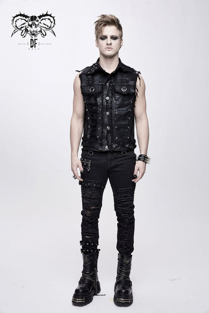 Black Heavy Metal Rivet Back Printed Coarse Twill Worn Out Men's Punk Waistcoat