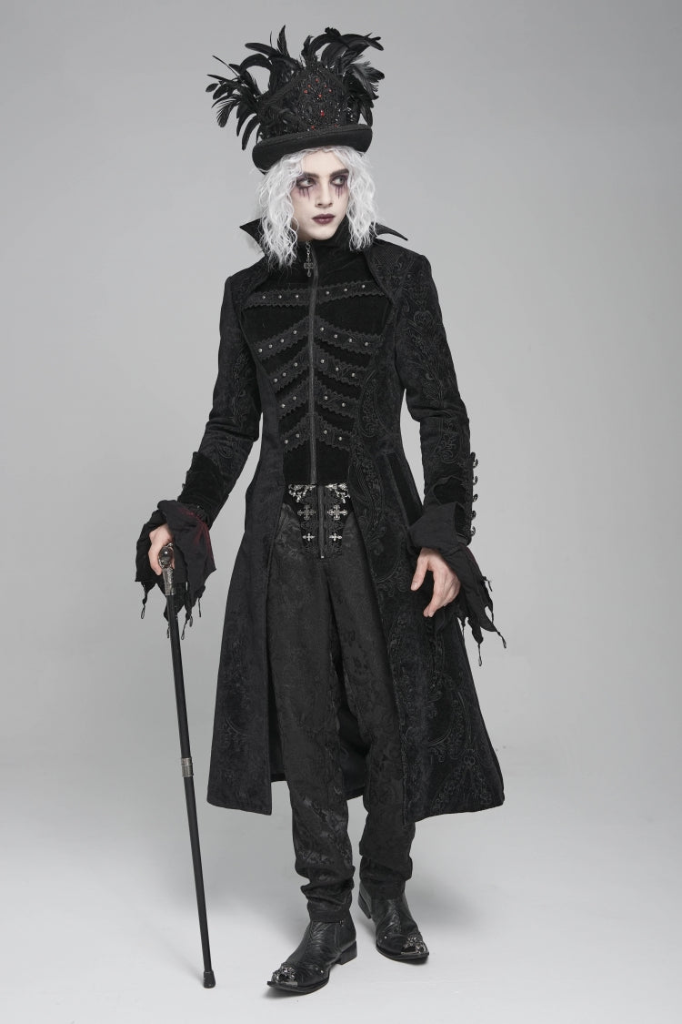 Black Diamante Stand Collar Long Sleeves Printed Zippered Men's Gothic Long Coat