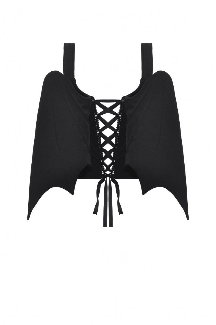 Black Lace-Up Buttons Back Bat Wings Women's Gothic Vest