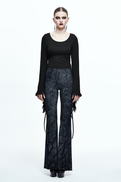 Black Mysterious Forest Gothic Branch Printing Bellbottom Womens Pants